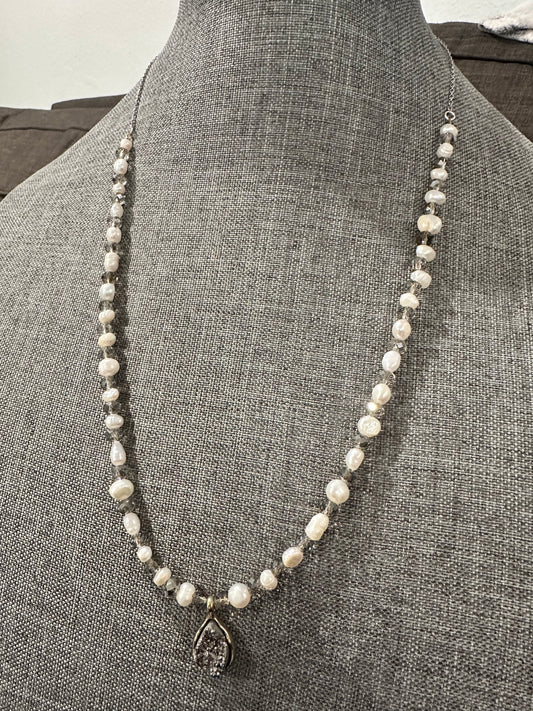✨ Shimmering Teardrop Druzy & Freshwater Pearl Necklace — Adjustable, Handmade