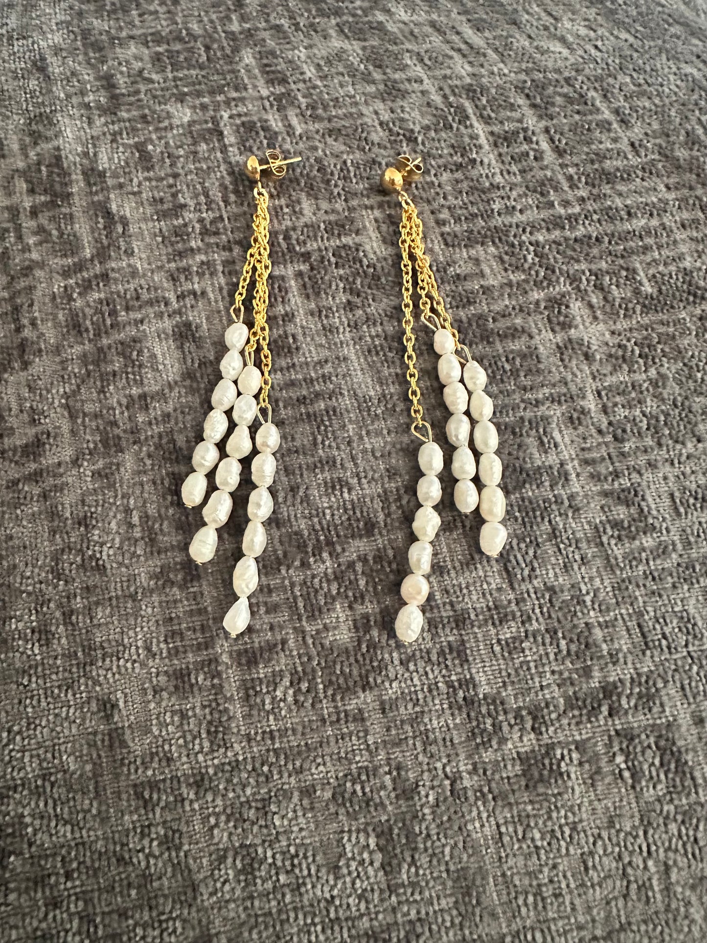 Golden Cascade Pearl Drop Earrings — Handmade with Stainless Steel & Real Pearls