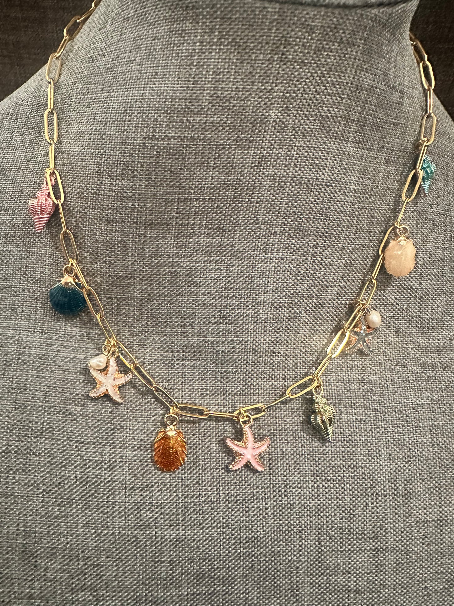 Mermaid Magic Charm Necklace — Gold Chain with Colorful Seashell & Starfish Charms