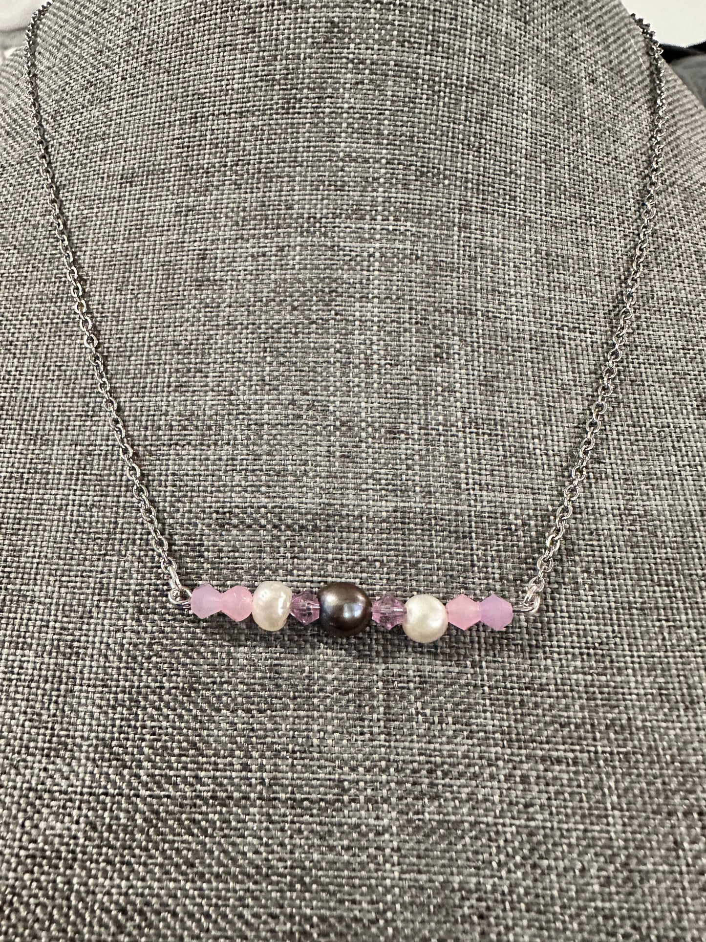 Pretty in Pink Pearl & Crystal Bar Necklace – Handmade with Real Pearls
