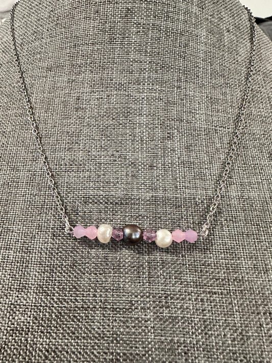 Pretty in Pink Pearl & Crystal Bar Necklace – Handmade with Real Pearls