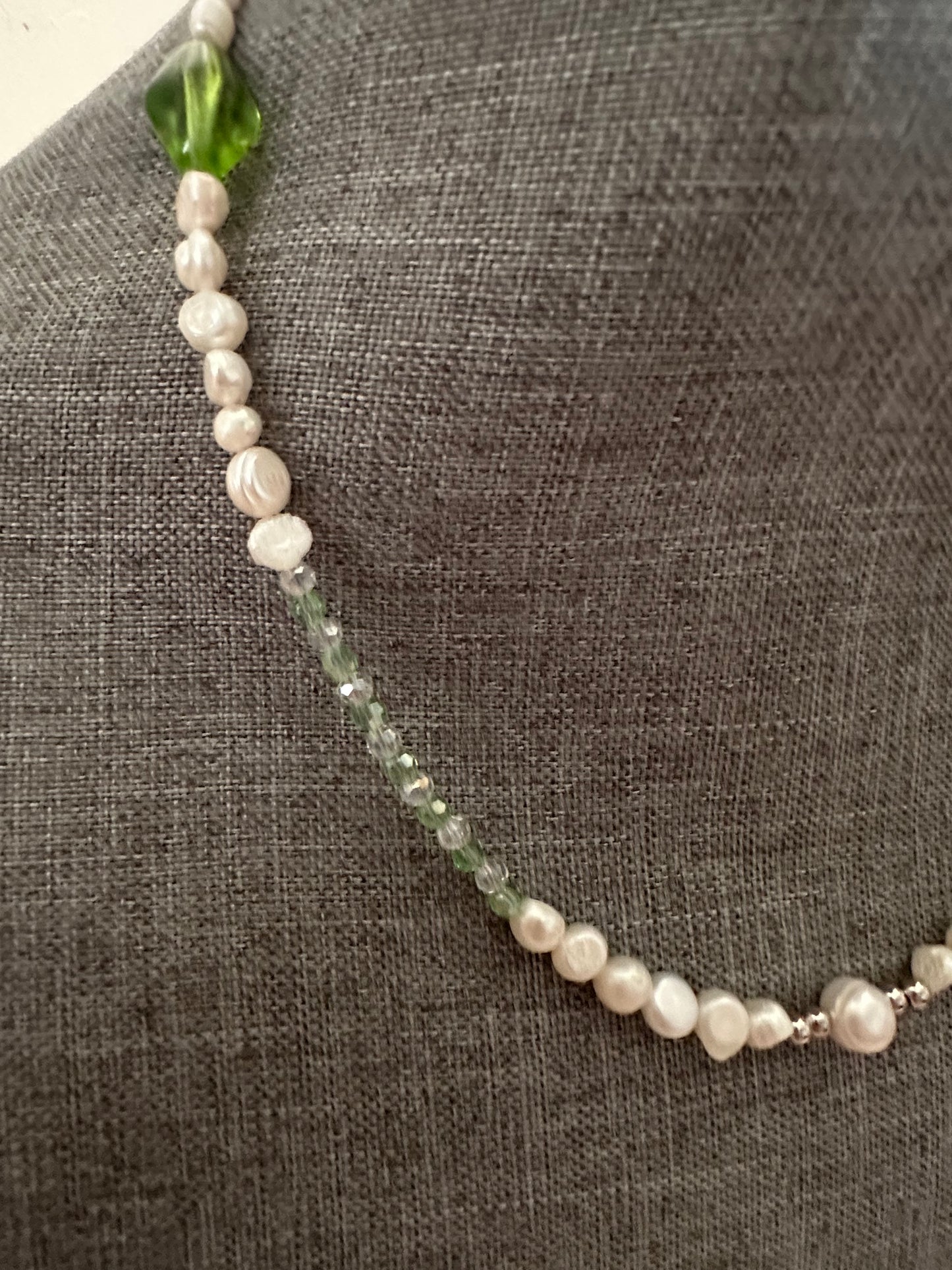 Freshwater Pearl & Green Crystal Statement Necklace — Handmade & One-of-a-Kind