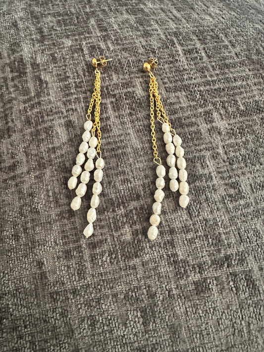 Golden Cascade Pearl Drop Earrings — Handmade with Stainless Steel & Real Pearls