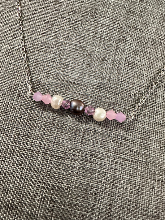 Pretty in Pink Pearl & Crystal Bar Necklace – Handmade with Real Pearls