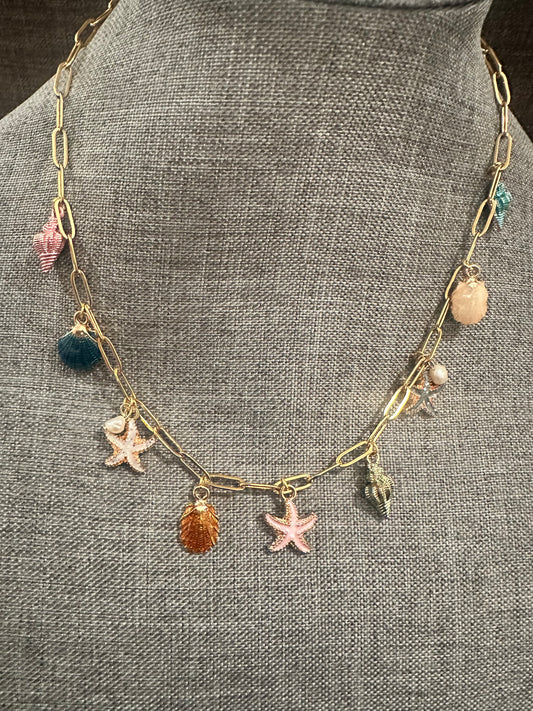 Mermaid Magic Charm Necklace — Gold Chain with Colorful Seashell & Starfish Charms