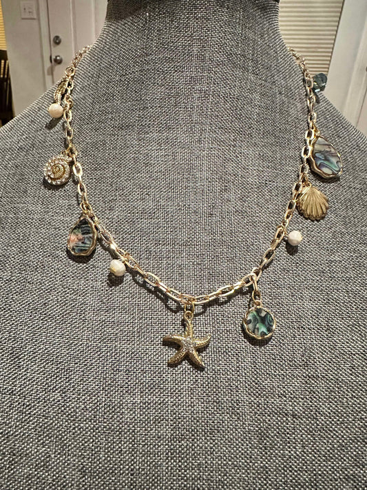 Seaside Dream Charm Necklace — Gold Chain with Shell, Starfish & Abalone Accents