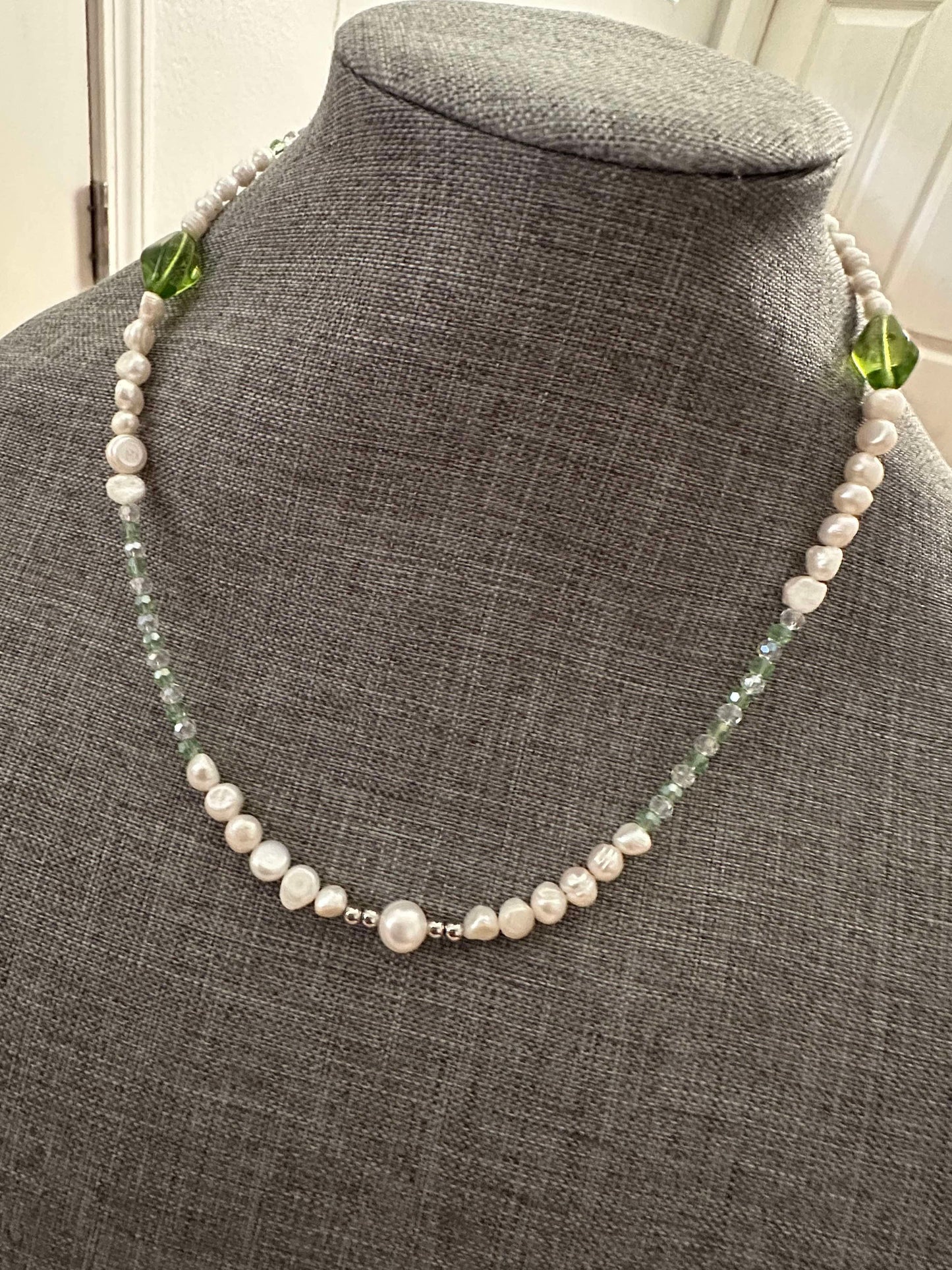 Freshwater Pearl & Green Crystal Statement Necklace — Handmade & One-of-a-Kind
