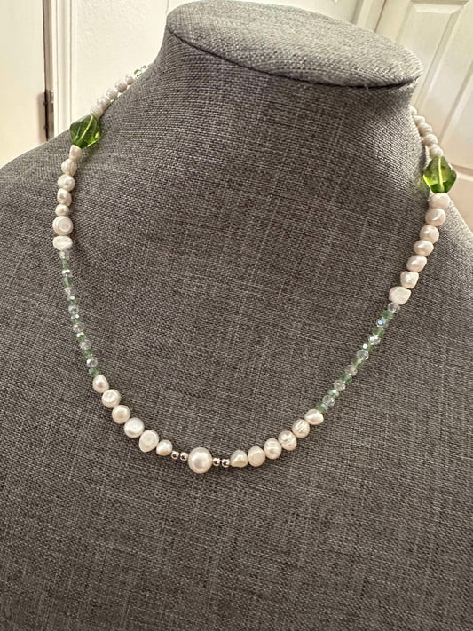 Freshwater Pearl & Green Crystal Statement Necklace — Handmade & One-of-a-Kind