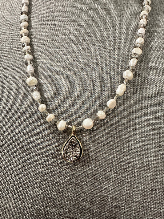 ✨ Shimmering Teardrop Druzy & Freshwater Pearl Necklace — Adjustable, Handmade