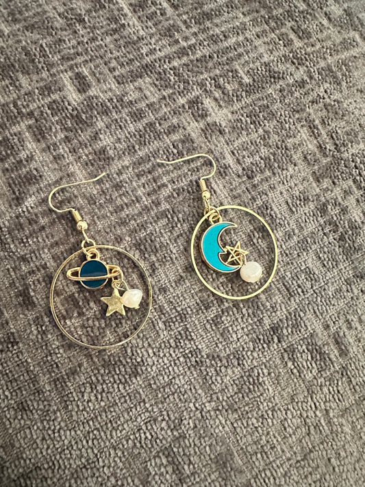 Celestial Dream Mismatch Earrings — Planets, Moon, Stars & Real Pearls