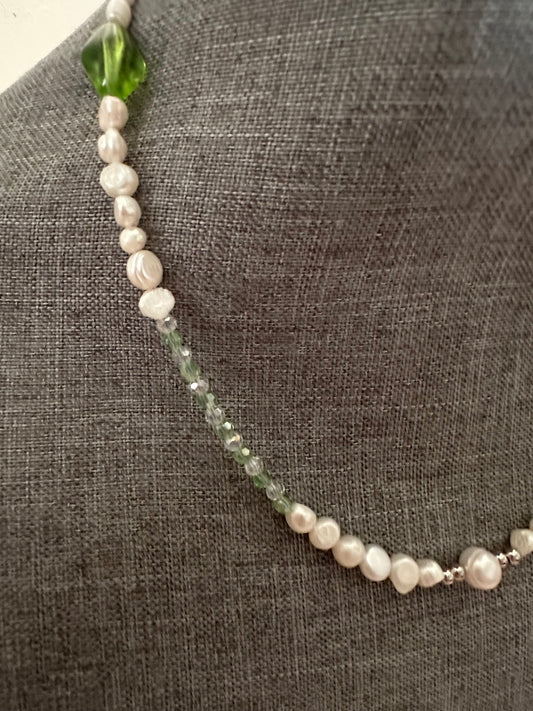 Freshwater Pearl & Green Crystal Statement Necklace — Handmade & One-of-a-Kind