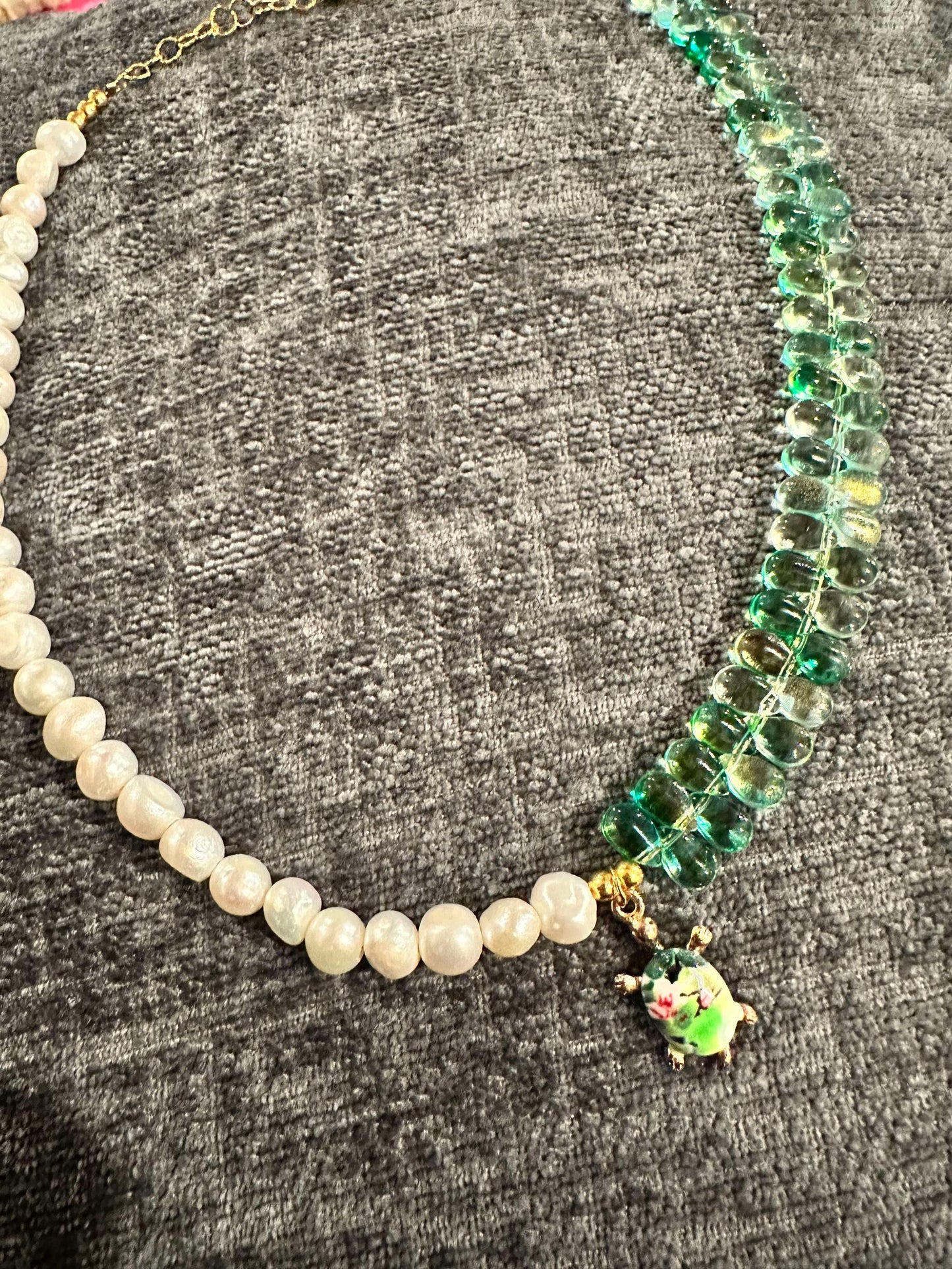 Tropical Turtle Split Necklace — Real Pearls & Green Glass Beads