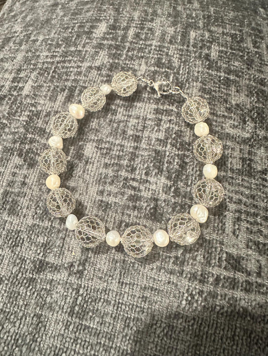 Freshwater Pearl & Silver Mesh Bracelet – Chunky Handmade Statement Jewelry