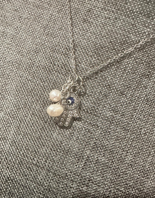 Hamsa & Pearl Power Pendant – Stainless Steel Protection Necklace